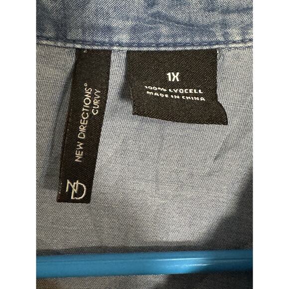 New Directions Curvy Blue Denim Look Button Up Long Sleeve Shirt, Lyocell, 1X - Picture 5 of 5